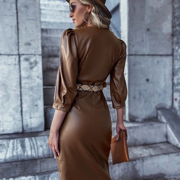 brown vneck vegan leather belt short sleeve dress - Picture 6 of 8